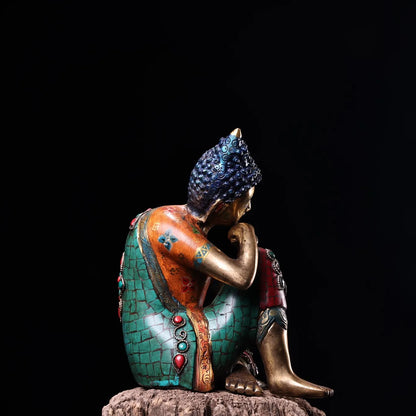 7"Tibet Temple Collection Old Bronze Outline in gold Mosaic Gem Turquoise Meditation Sleeping Buddha Amitabha Worship Hall