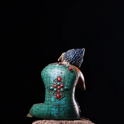 7"Tibet Temple Collection Old Bronze Outline in gold Mosaic Gem Turquoise Meditation Sleeping Buddha Amitabha Worship Hall