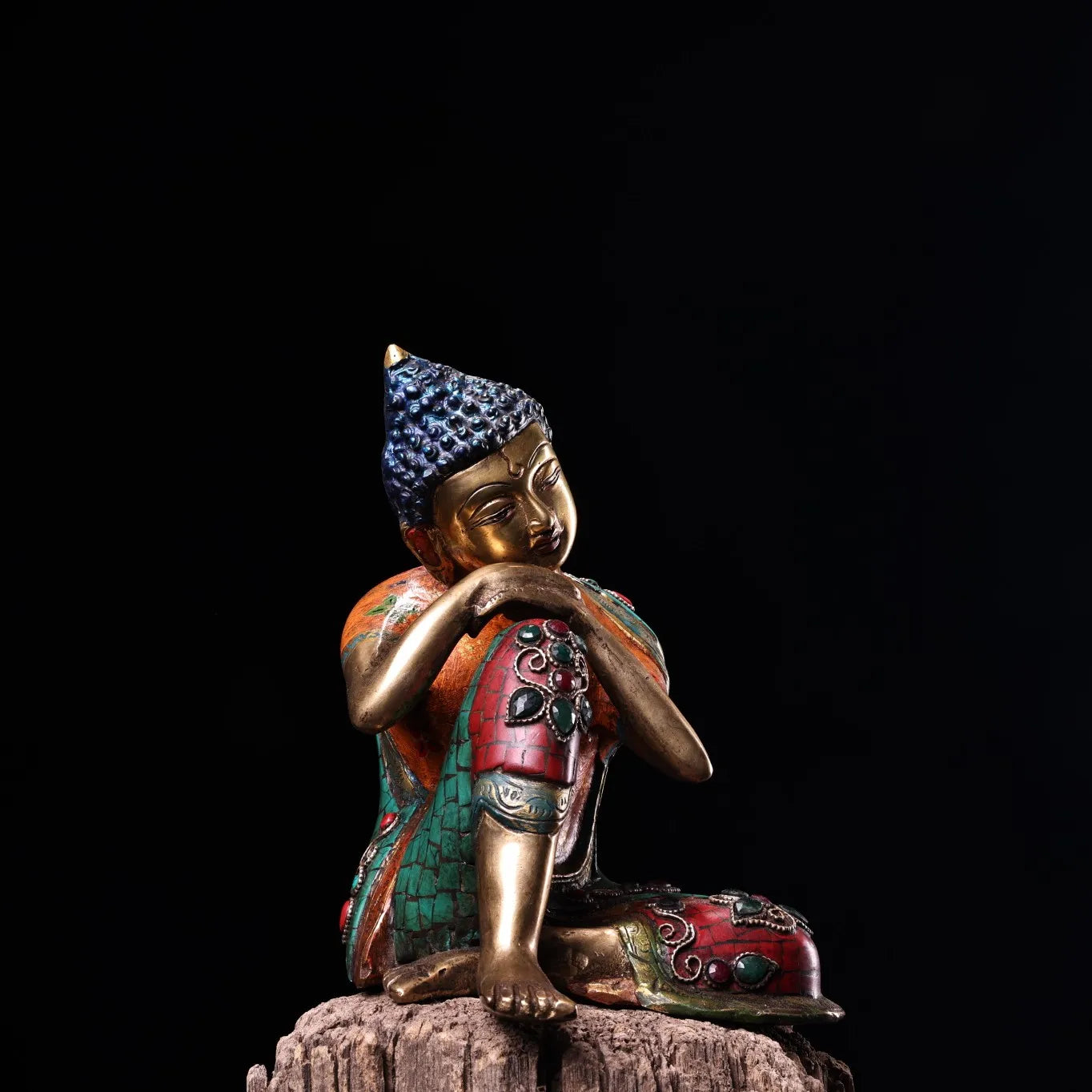7"Tibet Temple Collection Old Bronze Outline in gold Mosaic Gem Turquoise Meditation Sleeping Buddha Amitabha Worship Hall