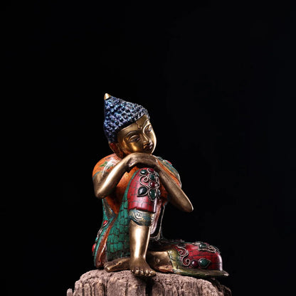 7"Tibet Temple Collection Old Bronze Outline in gold Mosaic Gem Turquoise Meditation Sleeping Buddha Amitabha Worship Hall