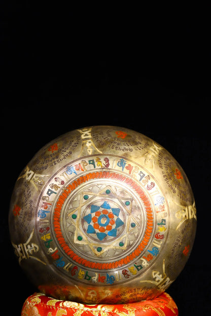 7"Tibet Temple Collection Old Bronze Painted  1000 Arm Guanyin Six Character Proverbs Buddhist music Bowl Worship Hall Exorcism
