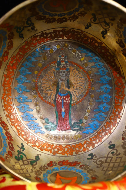 7"Tibet Temple Collection Old Bronze Painted  1000 Arm Guanyin Six Character Proverbs Buddhist music Bowl Worship Hall Exorcism