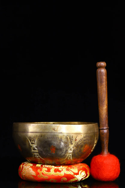 7"Tibet Temple Collection Old Bronze Painted  1000 Arm Guanyin Six Character Proverbs Buddhist music Bowl Worship Hall Exorcism