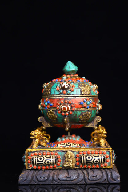 7"Tibet Temple Collection Old Bronze mosaic Gem Dzi Bead turquoise Prayer wheel stupa Chanting Amulet Dharma Town House Exorcism