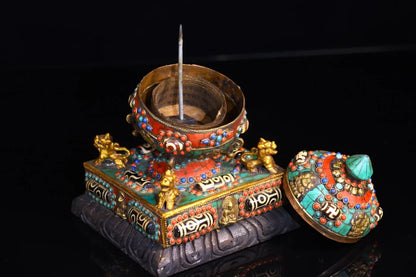 7"Tibet Temple Collection Old Bronze mosaic Gem Dzi Bead turquoise Prayer wheel stupa Chanting Amulet Dharma Town House Exorcism