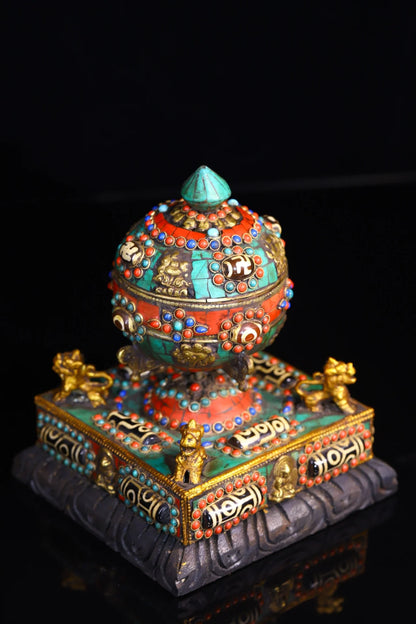 7"Tibet Temple Collection Old Bronze mosaic Gem Dzi Bead turquoise Prayer wheel stupa Chanting Amulet Dharma Town House Exorcism