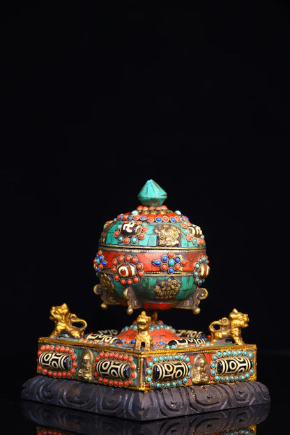 7"Tibet Temple Collection Old Bronze mosaic Gem Dzi Bead turquoise Prayer wheel stupa Chanting Amulet Dharma Town House Exorcism