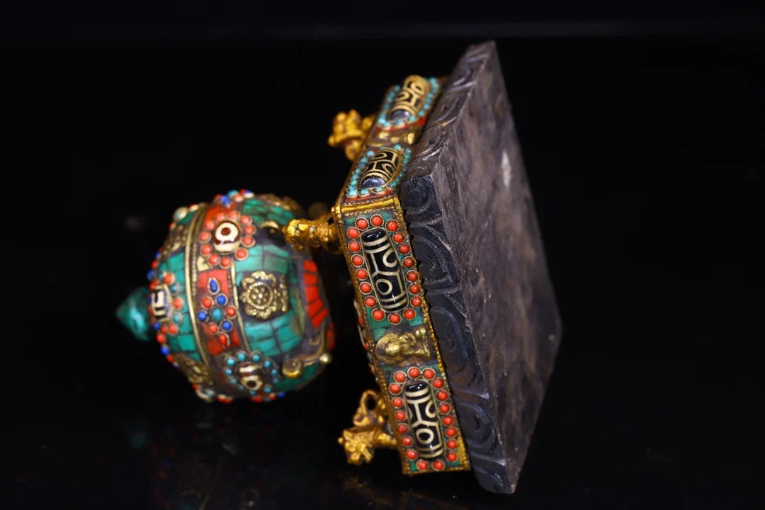 7"Tibet Temple Collection Old Bronze mosaic Gem Dzi Bead turquoise Prayer wheel stupa Chanting Amulet Dharma Town House Exorcism