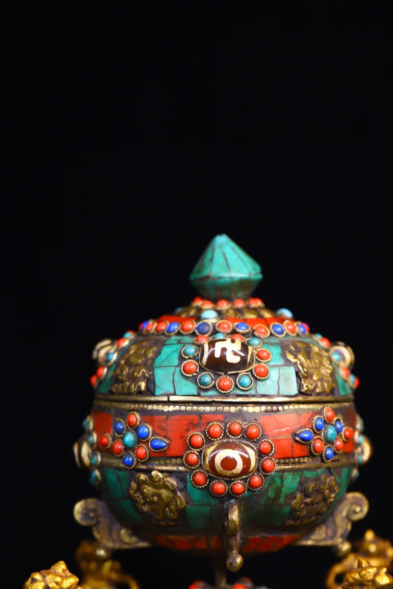 7"Tibet Temple Collection Old Bronze mosaic Gem Dzi Bead turquoise Prayer wheel stupa Chanting Amulet Dharma Town House Exorcism