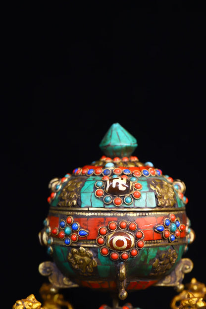 7"Tibet Temple Collection Old Bronze mosaic Gem Dzi Bead turquoise Prayer wheel stupa Chanting Amulet Dharma Town House Exorcism
