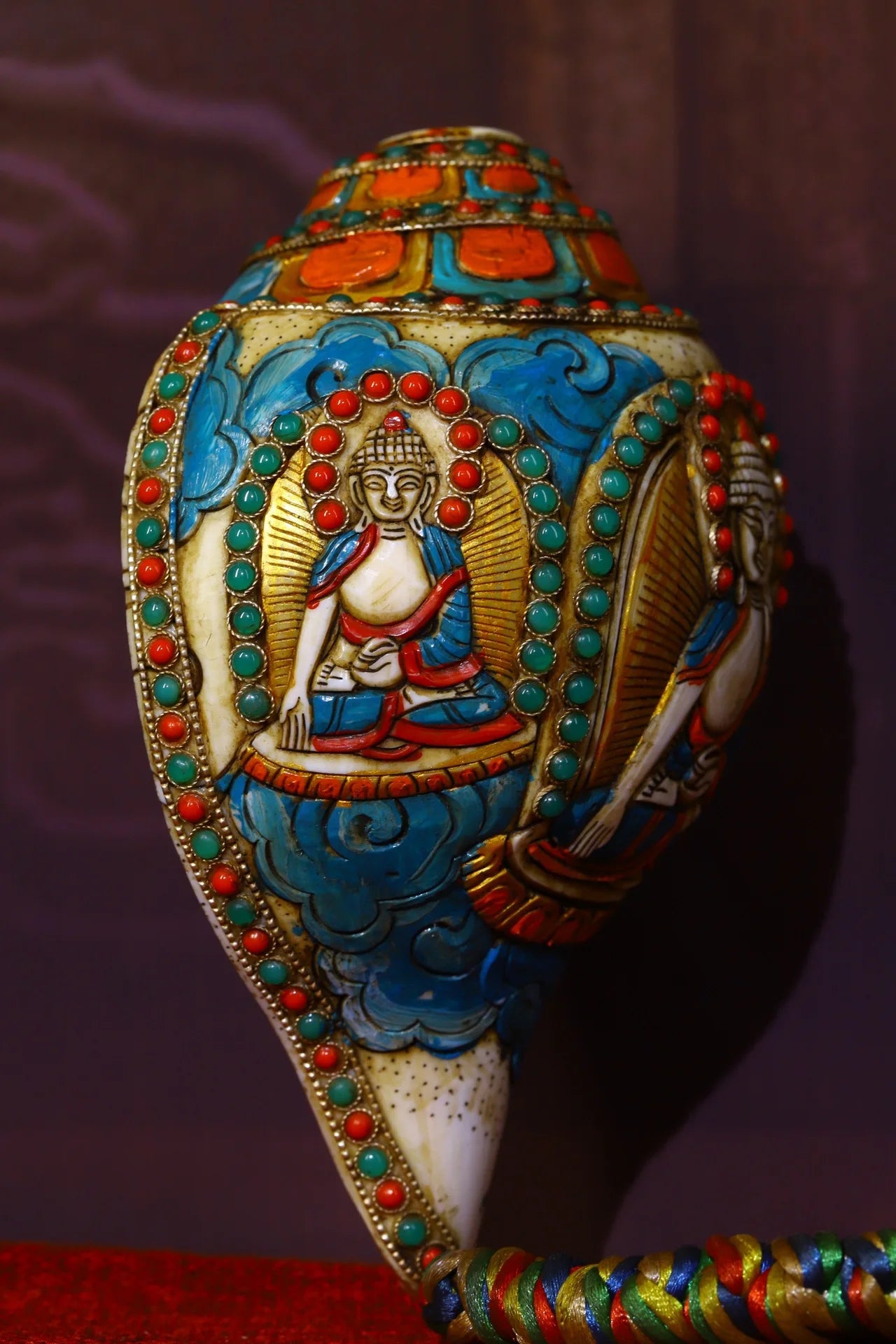 7"Tibet Temple Collection Old Natural Conch mosaic Gem Dzi Bead Sakyamuni Conch Painted Amulet Dharma worship hall Town House