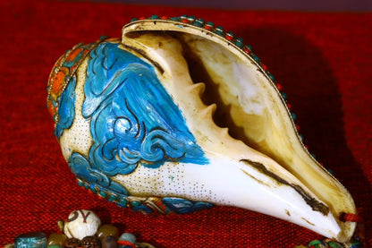 7"Tibet Temple Collection Old Natural Conch mosaic Gem Dzi Bead Sakyamuni Conch Painted Amulet Dharma worship hall Town House