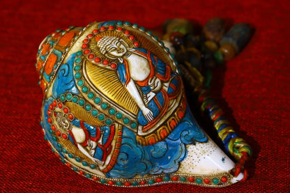 7"Tibet Temple Collection Old Natural Conch mosaic Gem Dzi Bead Sakyamuni Conch Painted Amulet Dharma worship hall Town House