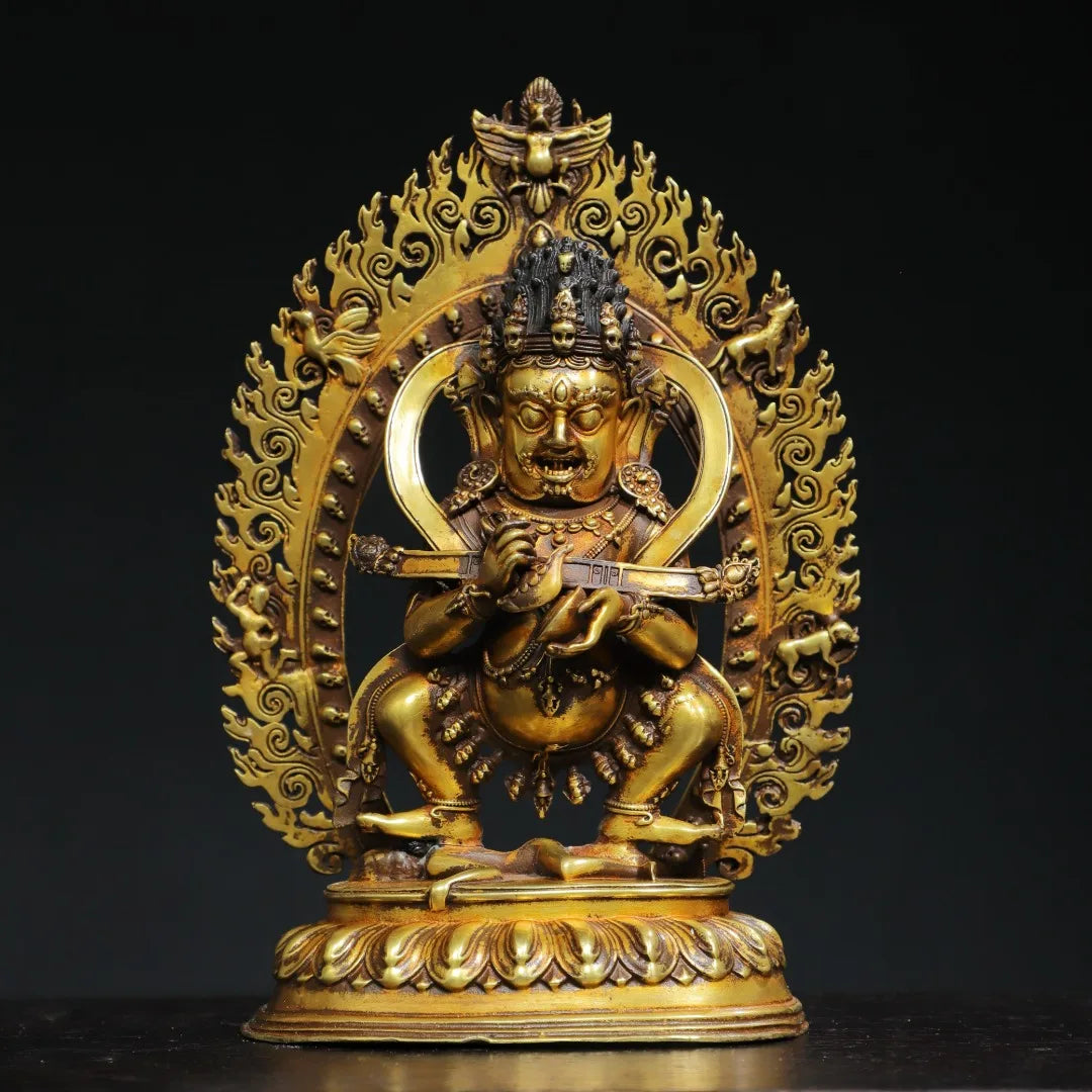 7"Tibet Temple Collection Old Purple Bronze Gilded genuine gold Cinnabar Mahakala Buddha Backlight Worship Hall Town house