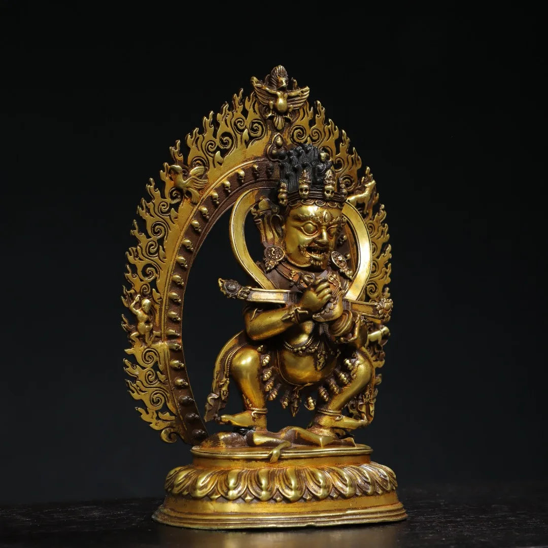 7"Tibet Temple Collection Old Purple Bronze Gilded genuine gold Cinnabar Mahakala Buddha Backlight Worship Hall Town house