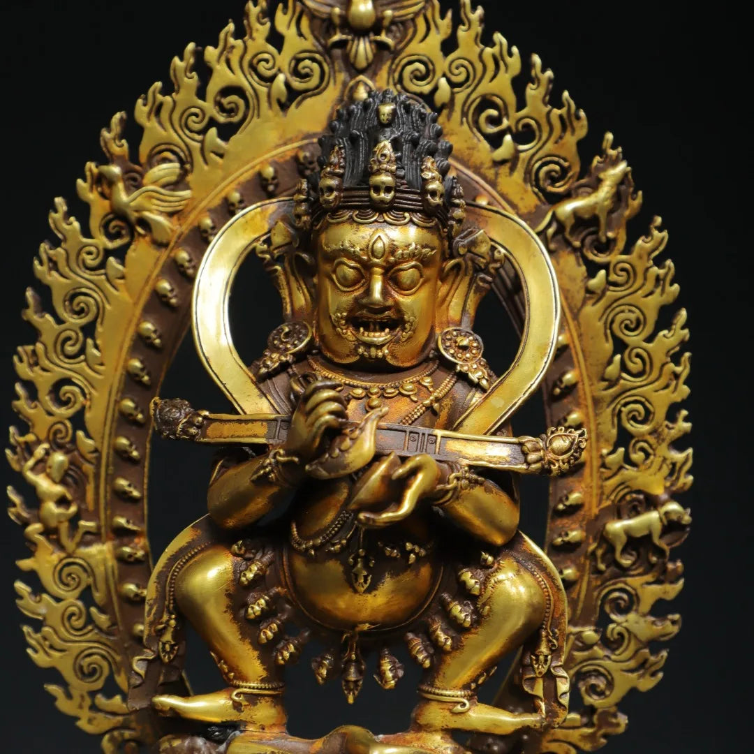 7"Tibet Temple Collection Old Purple Bronze Gilded genuine gold Cinnabar Mahakala Buddha Backlight Worship Hall Town house