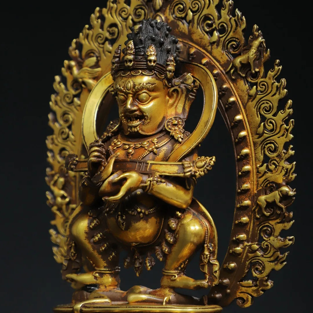 7"Tibet Temple Collection Old Purple Bronze Gilded genuine gold Cinnabar Mahakala Buddha Backlight Worship Hall Town house