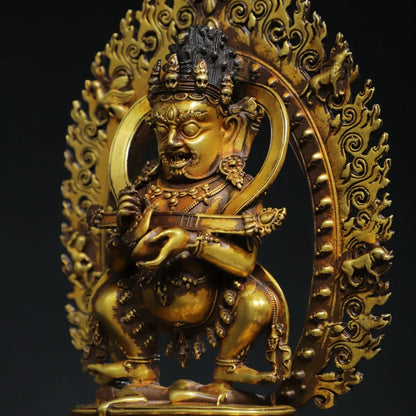 7"Tibet Temple Collection Old Purple Bronze Gilded genuine gold Cinnabar Mahakala Buddha Backlight Worship Hall Town house