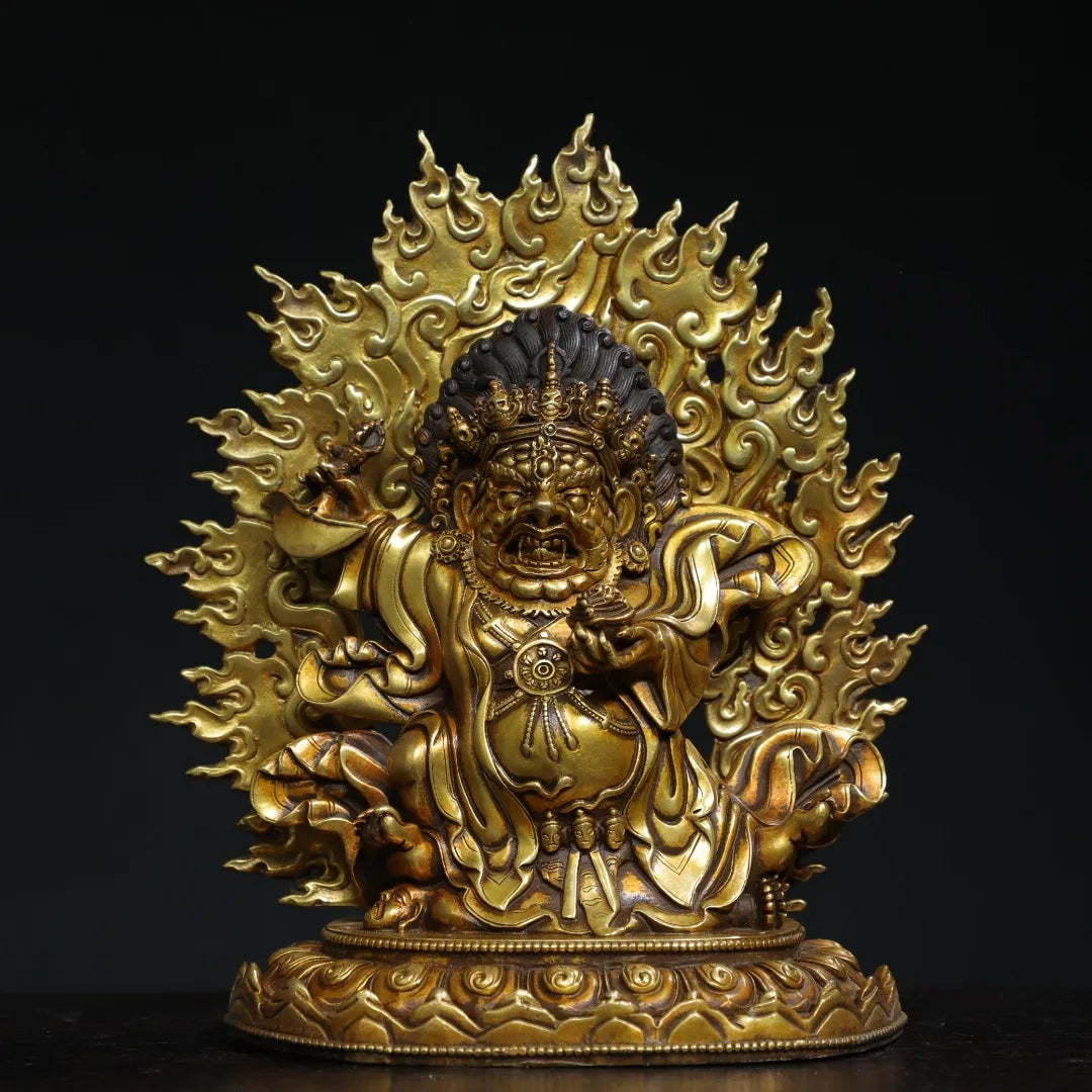 7"Tibet Temple Collection Old Purple Bronze Gilded genuine gold Cinnabar Vajrapani Buddha Backlight Worship Hall Town house