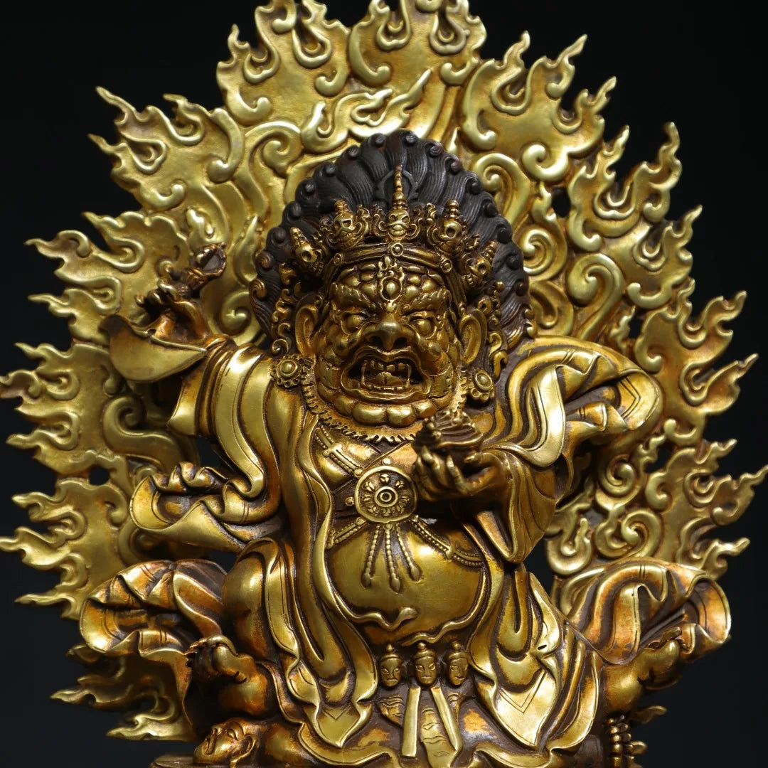 7"Tibet Temple Collection Old Purple Bronze Gilded genuine gold Cinnabar Vajrapani Buddha Backlight Worship Hall Town house