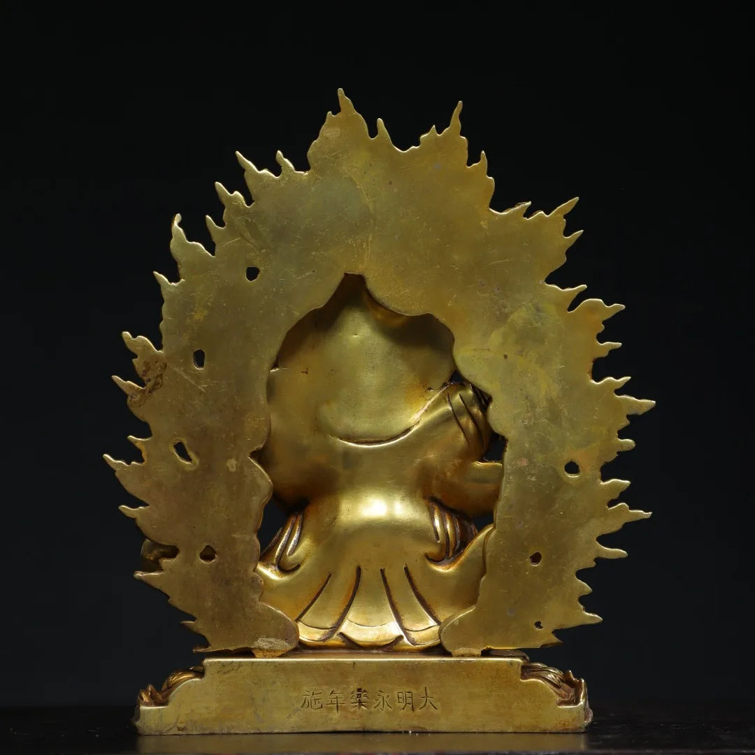 7"Tibet Temple Collection Old Purple Bronze Gilded genuine gold Cinnabar Vajrapani Buddha Backlight Worship Hall Town house