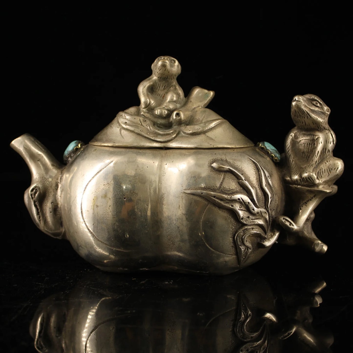 7"Tibetan Temple Collection Bronze gilt silver mosaic gem monkey ape kettle flagon teapot office ornament Town house Exorcism