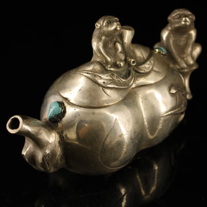 7"Tibetan Temple Collection Bronze gilt silver mosaic gem monkey ape kettle flagon teapot office ornament Town house Exorcism