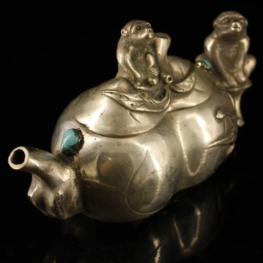 7"Tibetan Temple Collection Bronze gilt silver mosaic gem monkey ape kettle flagon teapot office ornament Town house Exorcism