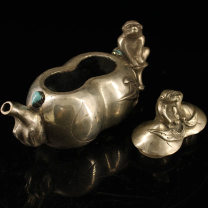 7"Tibetan Temple Collection Bronze gilt silver mosaic gem monkey ape kettle flagon teapot office ornament Town house Exorcism