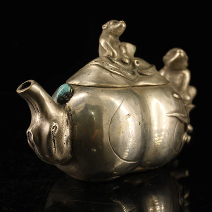 7"Tibetan Temple Collection Bronze gilt silver mosaic gem monkey ape kettle flagon teapot office ornament Town house Exorcism