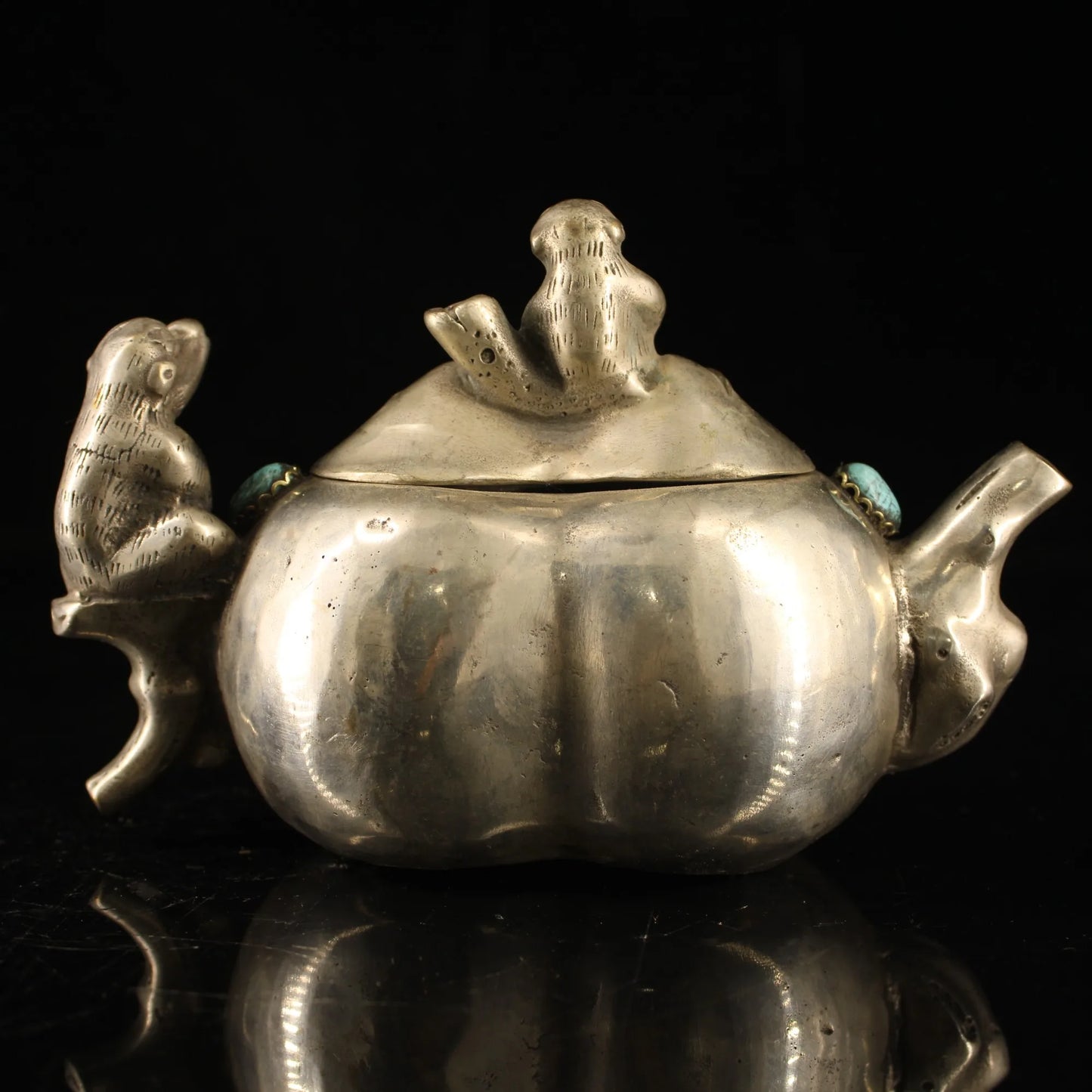 7"Tibetan Temple Collection Bronze gilt silver mosaic gem monkey ape kettle flagon teapot office ornament Town house Exorcism