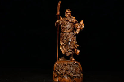 7"Tibetan Temple Collection Old Boxwood Guan Gong Guanyu Gate God Statue God of War Wood Carving Guan Gong knife