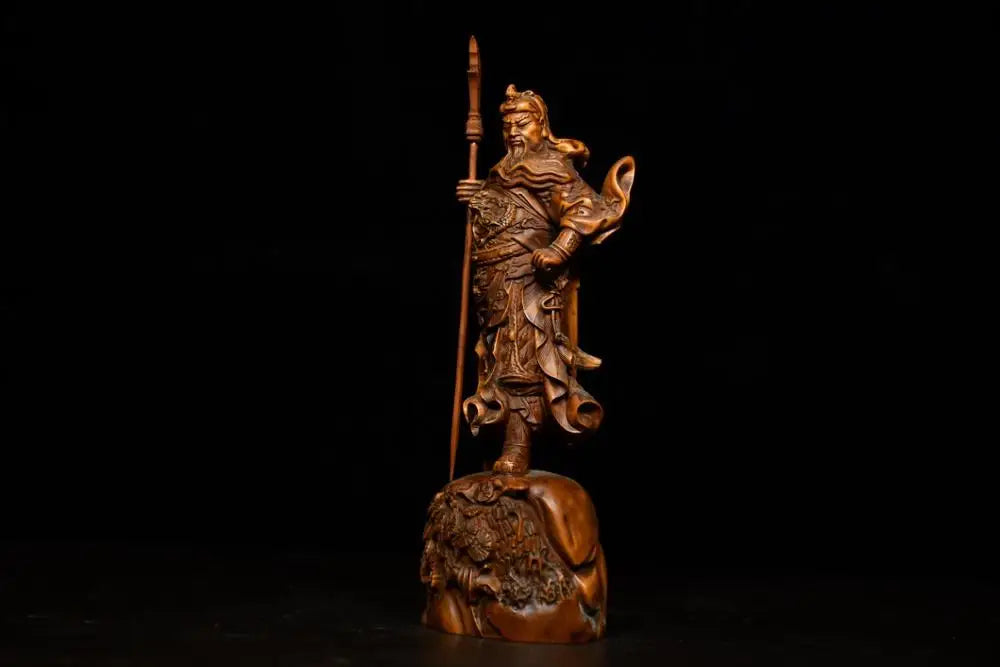 7"Tibetan Temple Collection Old Boxwood Guan Gong Guanyu Gate God Statue God of War Wood Carving Guan Gong knife