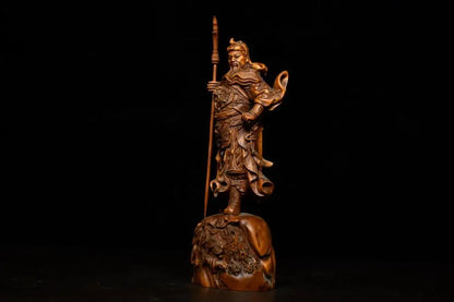 7"Tibetan Temple Collection Old Boxwood Guan Gong Guanyu Gate God Statue God of War Wood Carving Guan Gong knife