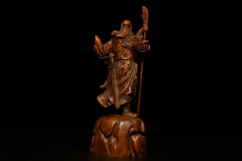 7"Tibetan Temple Collection Old Boxwood Guan Gong Guanyu Gate God Statue God of War Wood Carving Guan Gong knife