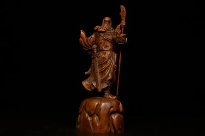 7"Tibetan Temple Collection Old Boxwood Guan Gong Guanyu Gate God Statue God of War Wood Carving Guan Gong knife