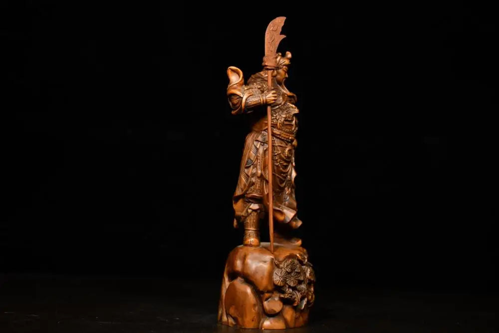 7"Tibetan Temple Collection Old Boxwood Guan Gong Guanyu Gate God Statue God of War Wood Carving Guan Gong knife