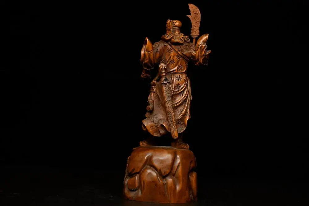 7"Tibetan Temple Collection Old Boxwood Guan Gong Guanyu Gate God Statue God of War Wood Carving Guan Gong knife