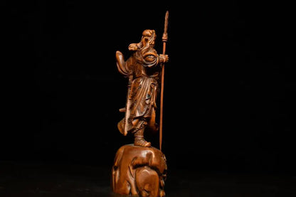 7"Tibetan Temple Collection Old Boxwood Guan Gong Guanyu Gate God Statue God of War Wood Carving Guan Gong knife