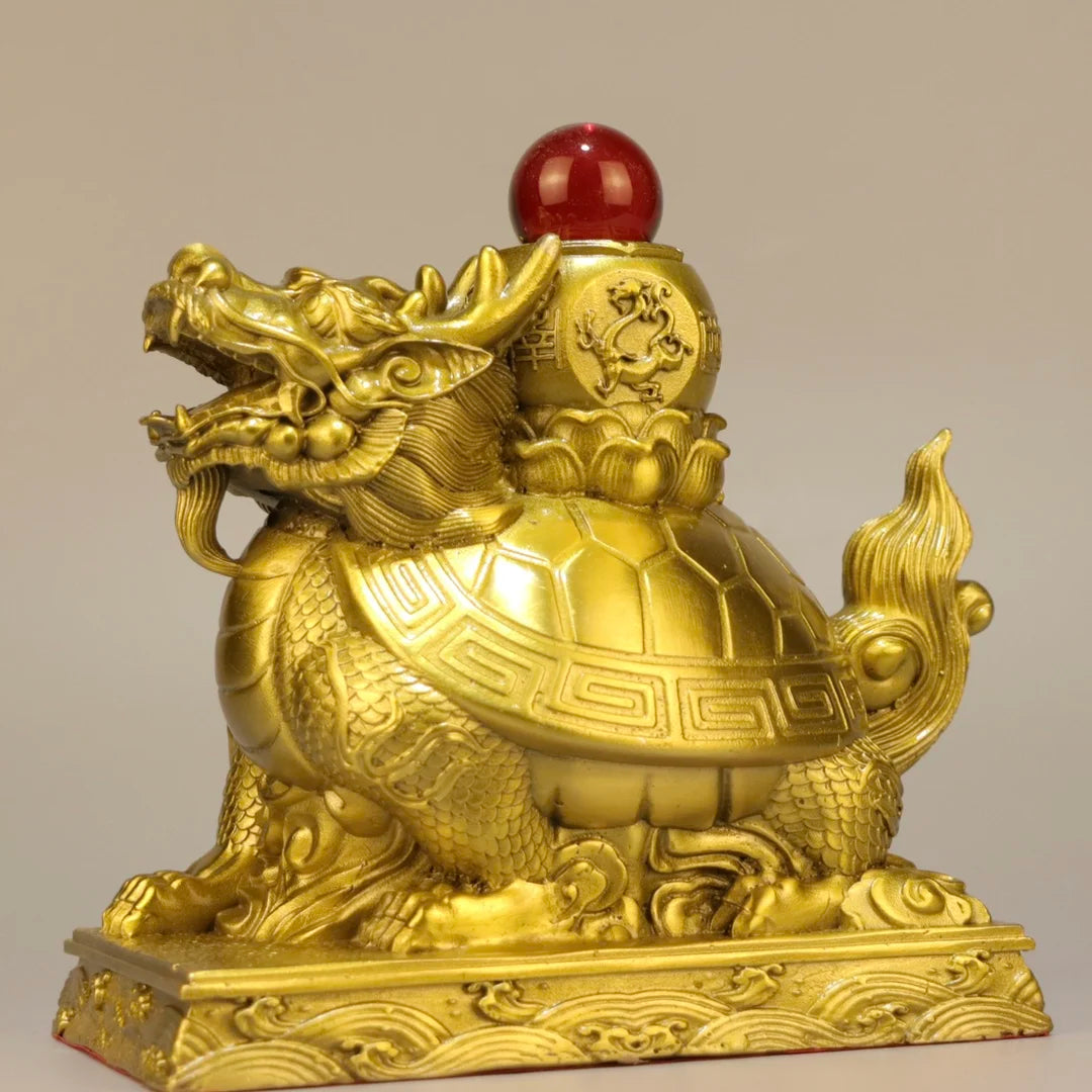 7"Tibetan Temple Collection Old Brass Mosaic Gem Dragon Turtle Statue Divine Beast Amass wealth Ornaments Town house Exorcism