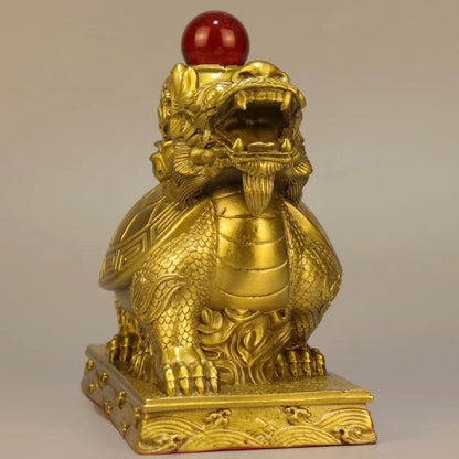 7"Tibetan Temple Collection Old Brass Mosaic Gem Dragon Turtle Statue Divine Beast Amass wealth Ornaments Town house Exorcism