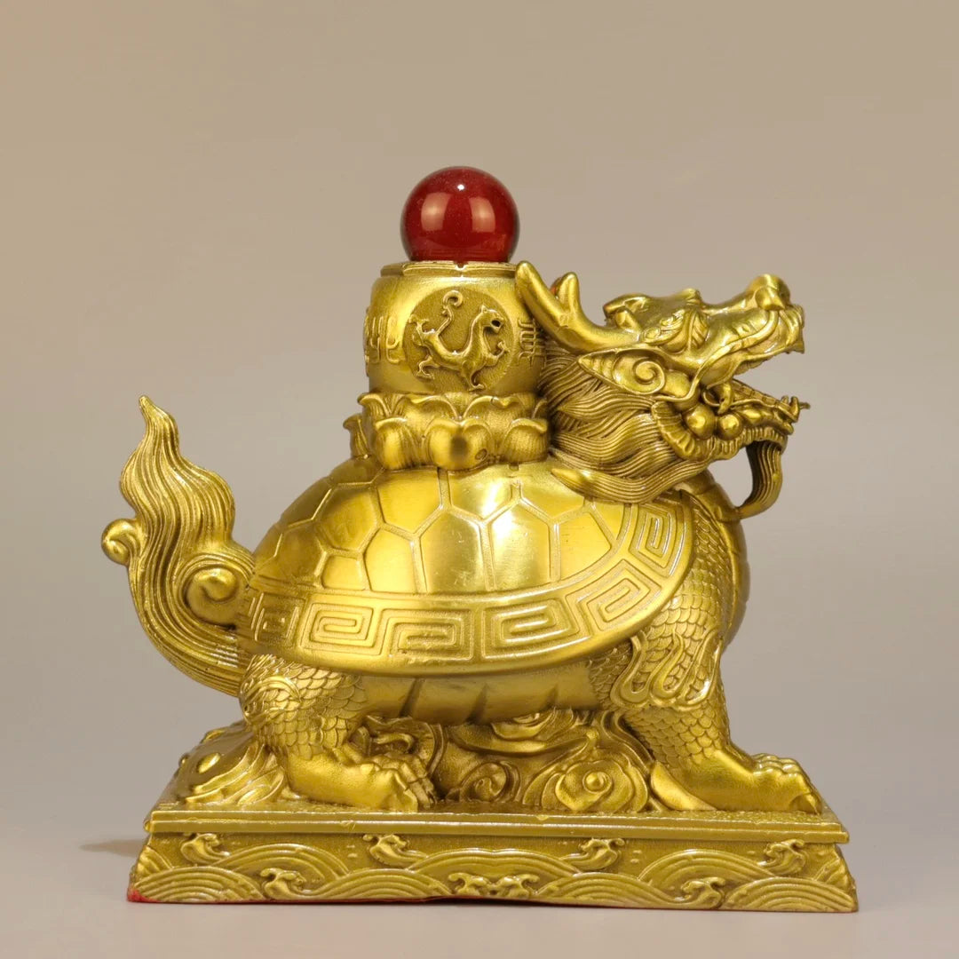 7"Tibetan Temple Collection Old Brass Mosaic Gem Dragon Turtle Statue Divine Beast Amass wealth Ornaments Town house Exorcism