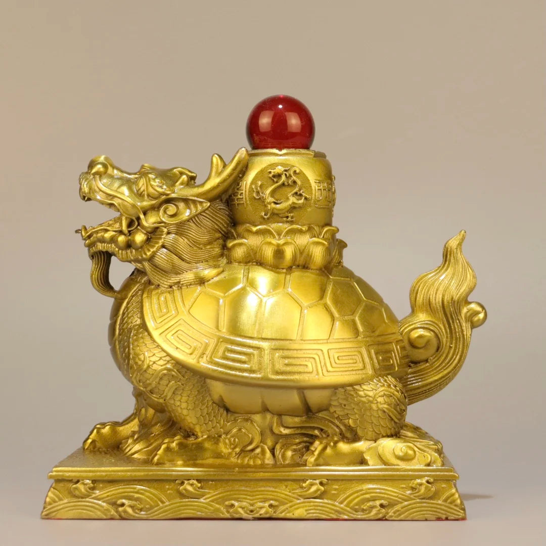 7"Tibetan Temple Collection Old Brass Mosaic Gem Dragon Turtle Statue Divine Beast Amass wealth Ornaments Town house Exorcism