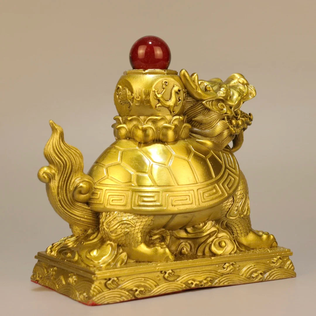 7"Tibetan Temple Collection Old Brass Mosaic Gem Dragon Turtle Statue Divine Beast Amass wealth Ornaments Town house Exorcism