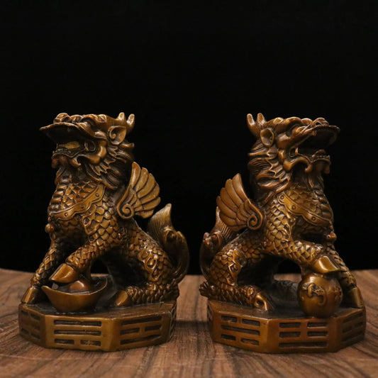 7"Tibetan Temple Collection Old Brass Patina Kirin statue a pair sit gossip platform Gather fortune office ornament Town house