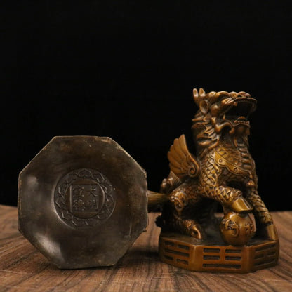 7"Tibetan Temple Collection Old Brass Patina Kirin statue a pair sit gossip platform Gather fortune office ornament Town house