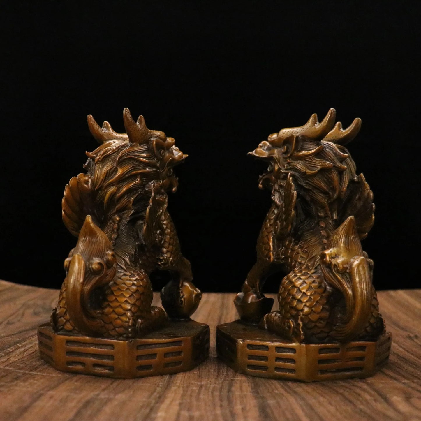 7"Tibetan Temple Collection Old Brass Patina Kirin statue a pair sit gossip platform Gather fortune office ornament Town house