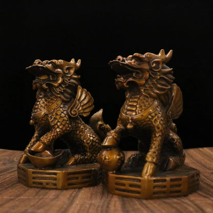 7"Tibetan Temple Collection Old Brass Patina Kirin statue a pair sit gossip platform Gather fortune office ornament Town house