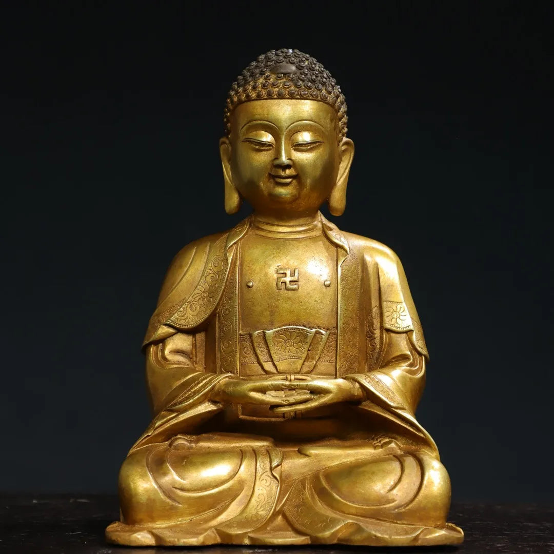 7"Tibetan Temple Collection Old Bronze Cinnabar Gilding Amitabha Buddha Baby Buddha Shakyamuni Worship Hall Town house