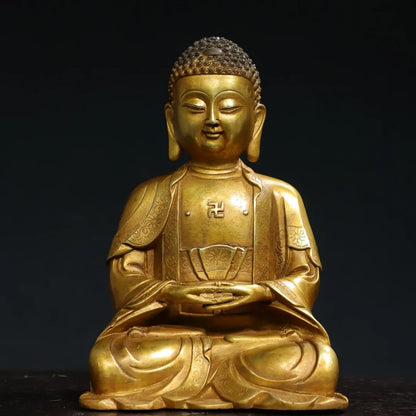 7"Tibetan Temple Collection Old Bronze Cinnabar Gilding Amitabha Buddha Baby Buddha Shakyamuni Worship Hall Town house